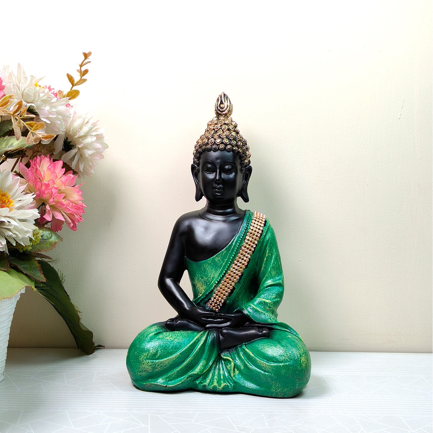 Green Meditating Lord Buddha Idol 11 inch