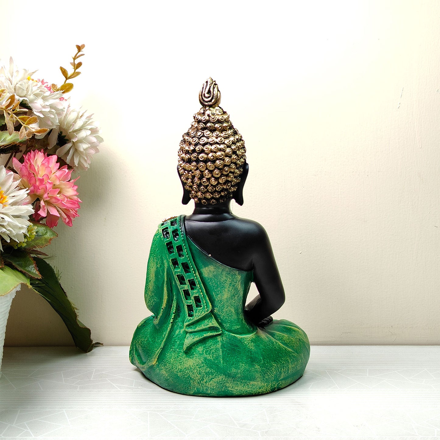 Green Meditating Lord Buddha Idol 11 inch