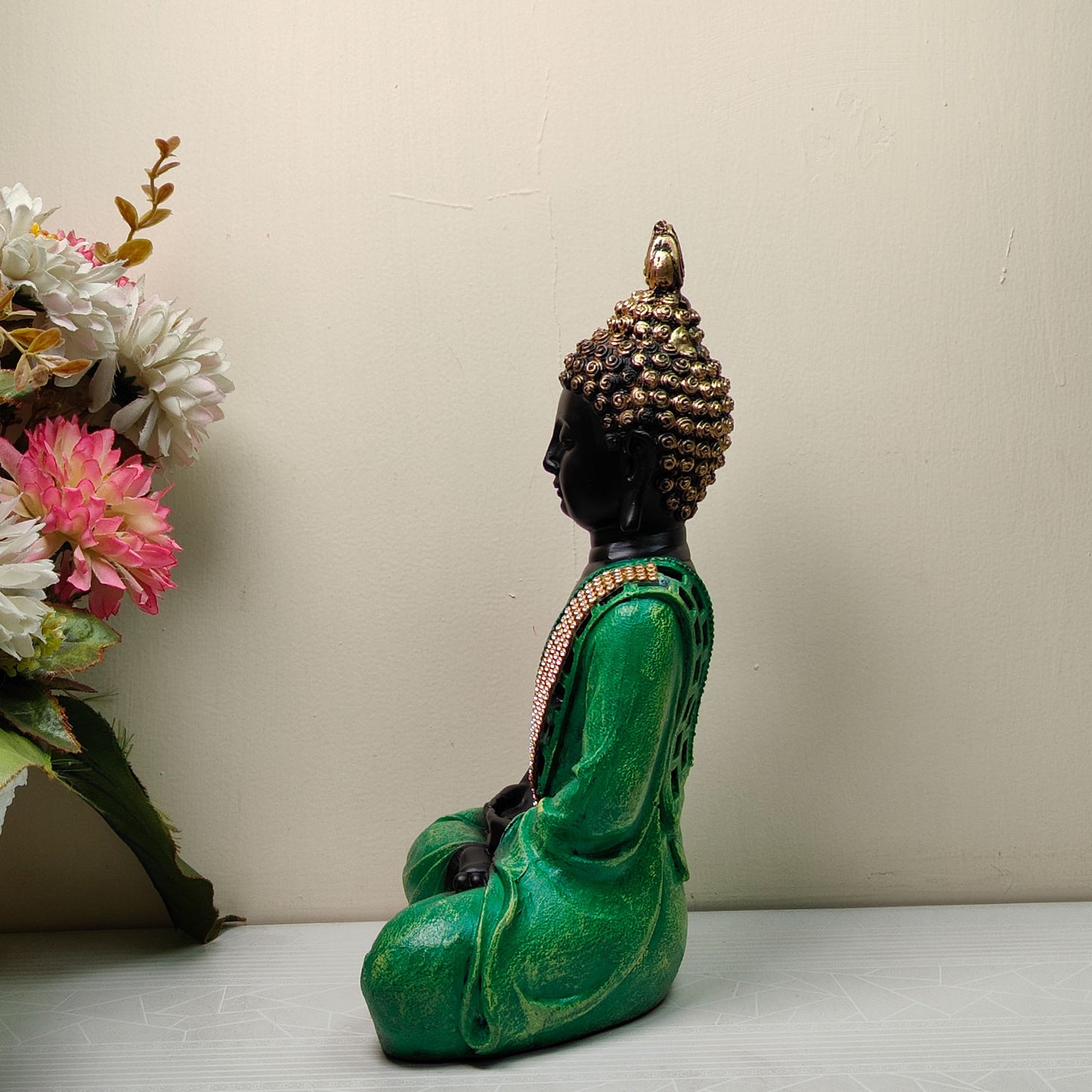 Green Meditating Lord Buddha Idol 11 inch