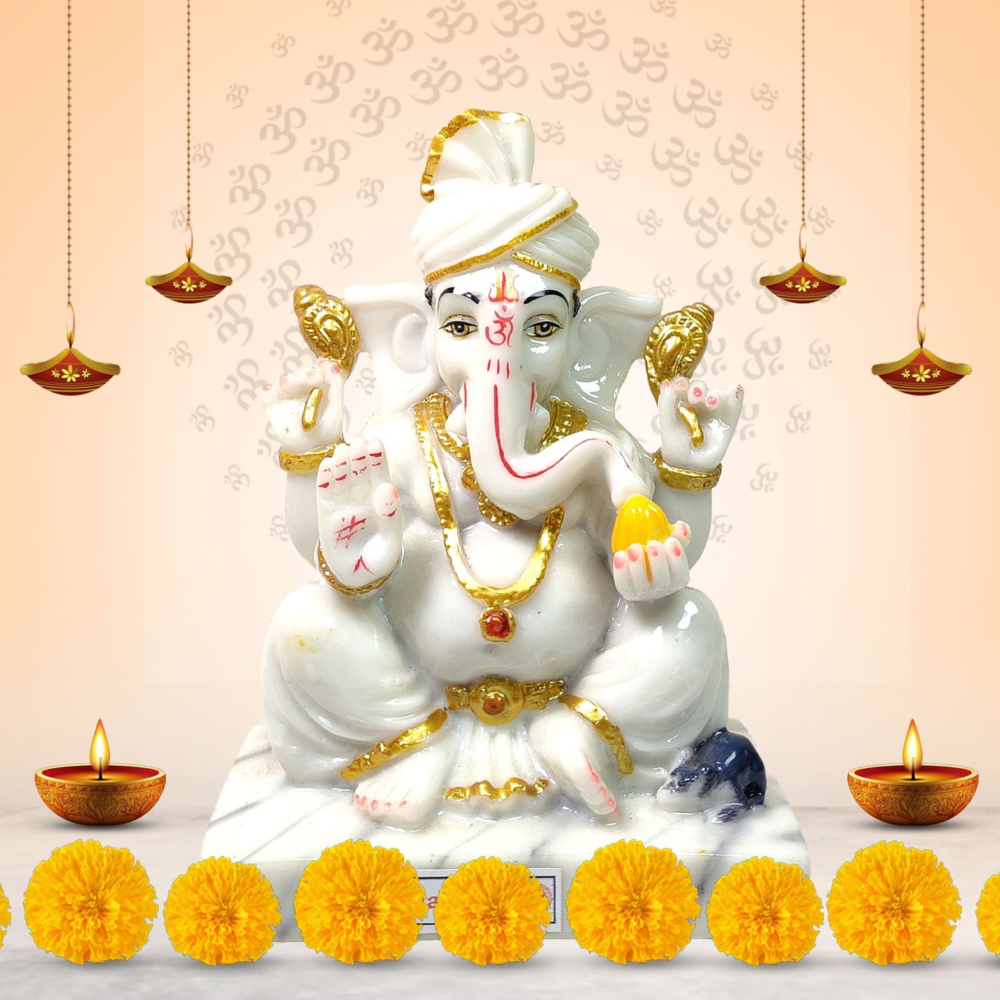 Divine Pagdi Ganesh Idol -Marble Dust