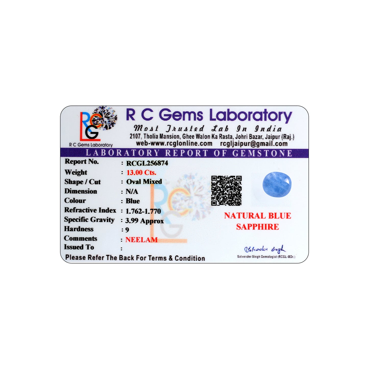 Neelam (Blue Sapphire) 13.00 Cts