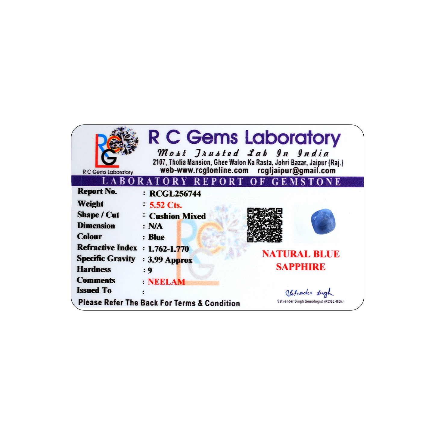 Neelam (Blue Sapphire) 5.52 Cts.