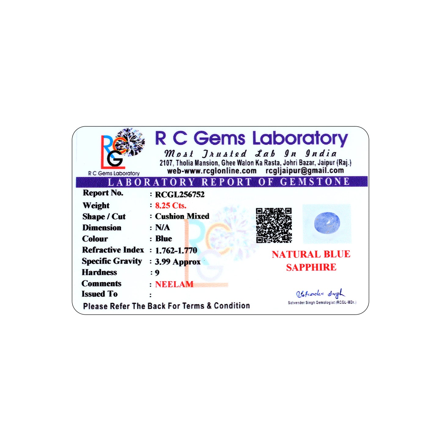 Neelam (Blue Sapphire) 8.25 Cts