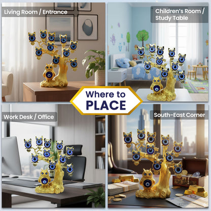 Golden Owl with Child Evil Eye Tree