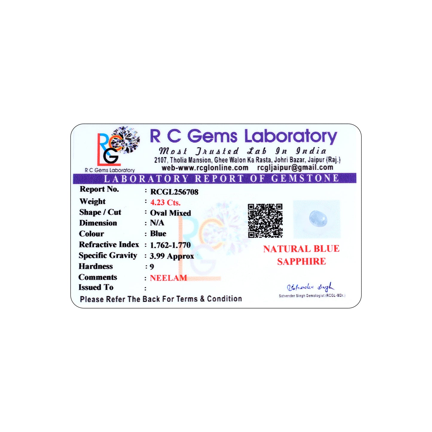 Neelam (Blue Sapphire) 4.23 Cts.