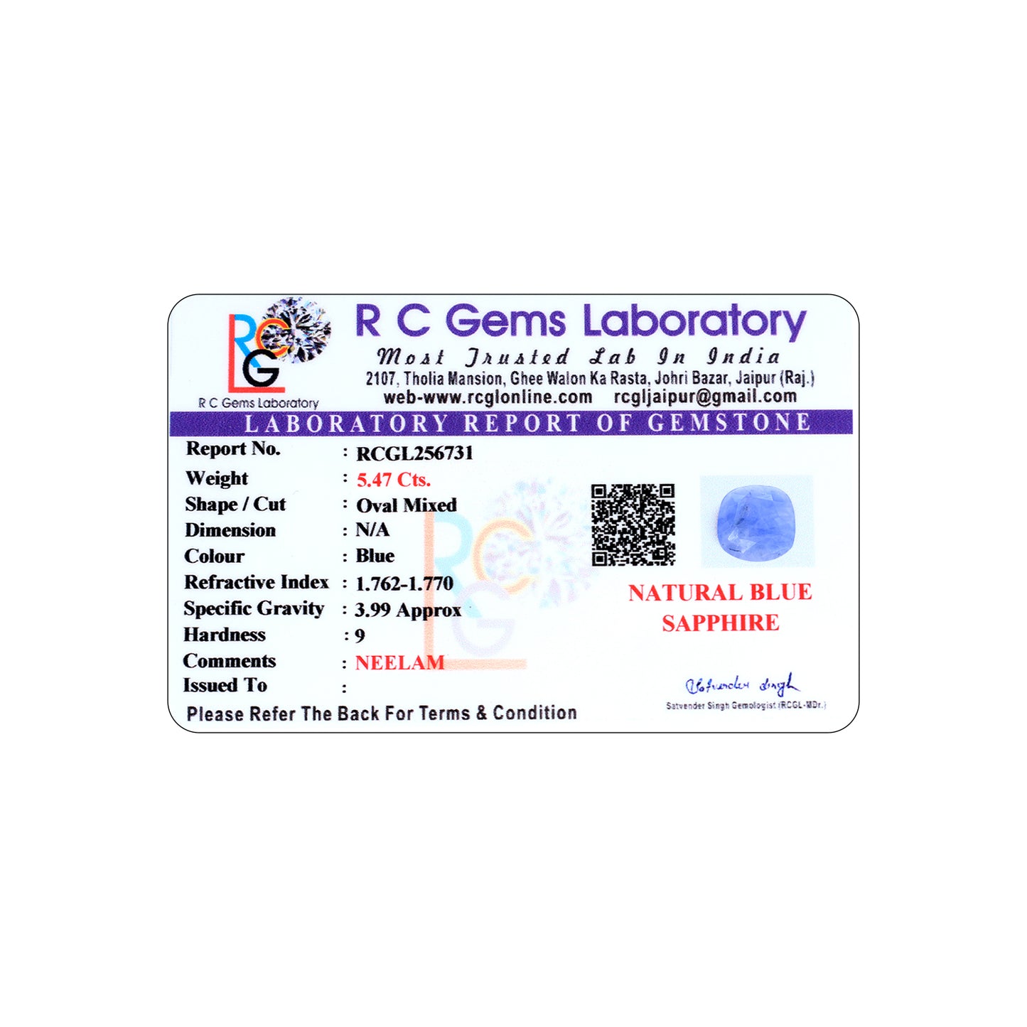 Neelam (Blue Sapphire) 5.47 Cts.