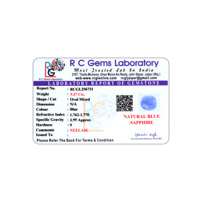 Neelam (Blue Sapphire) 5.47 Cts.