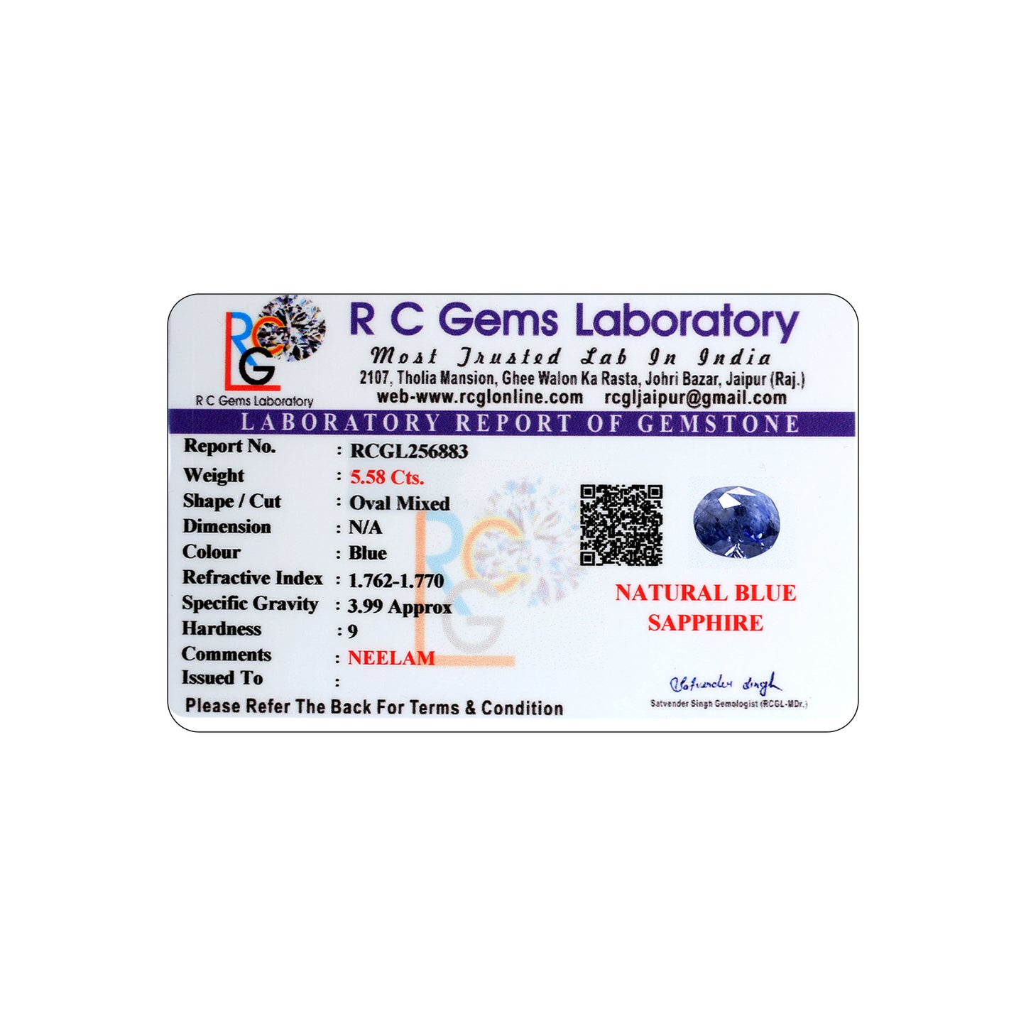 Neelam (Blue Sapphire) 5.58 Cts.