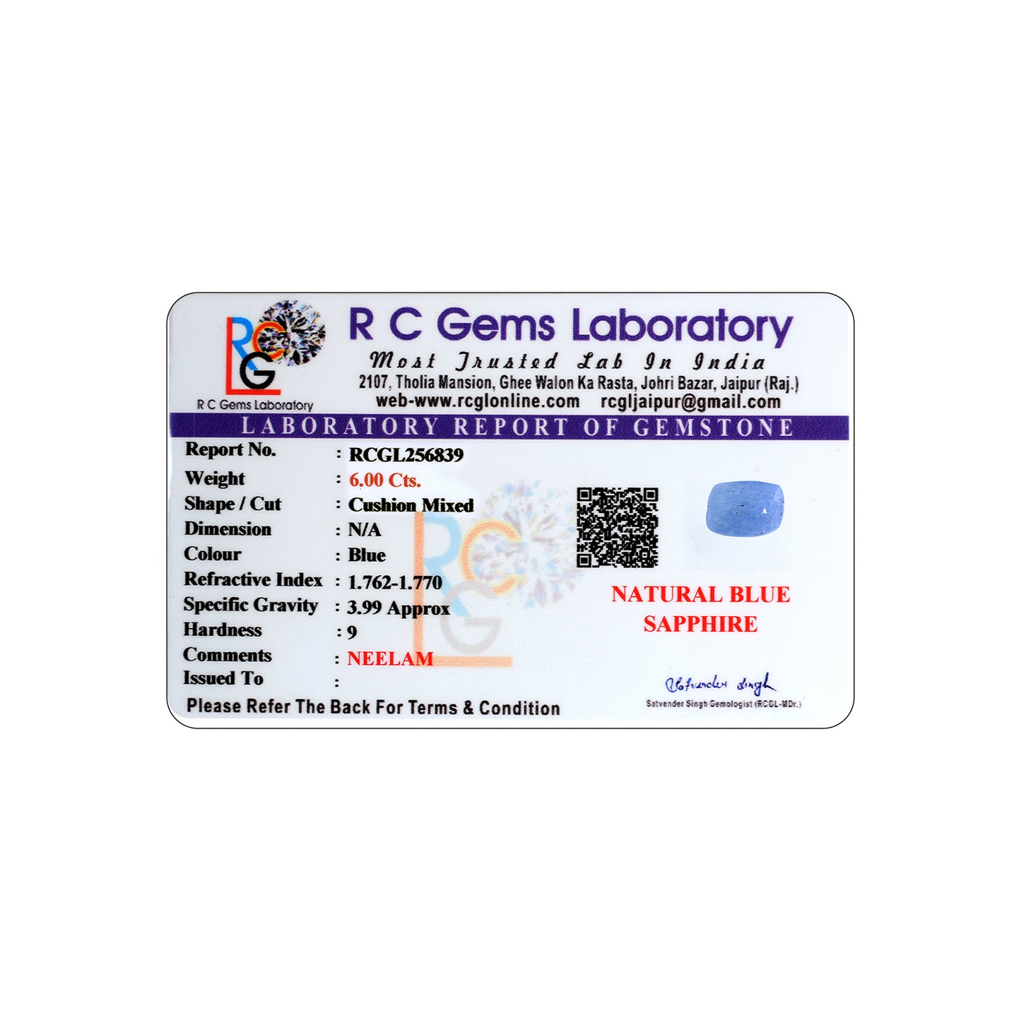 Neelam (Blue Sapphire) 6.00 Cts