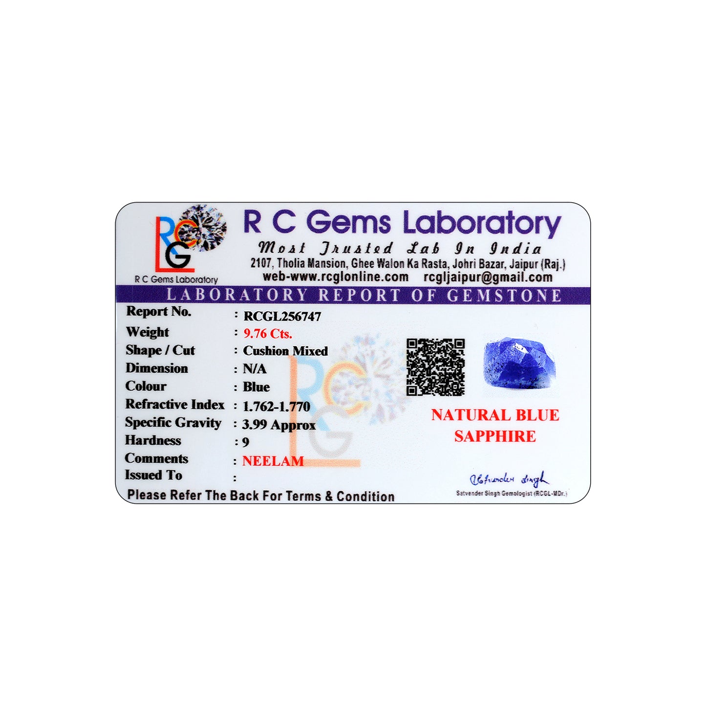 Neelam (Blue Sapphire) 9.76 Cts