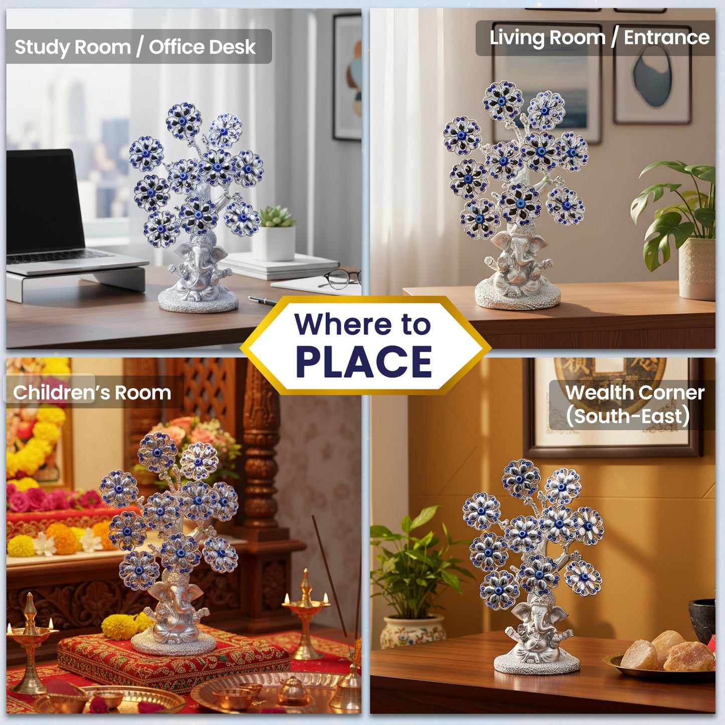 Silver Ganpati Evil Eye Tree