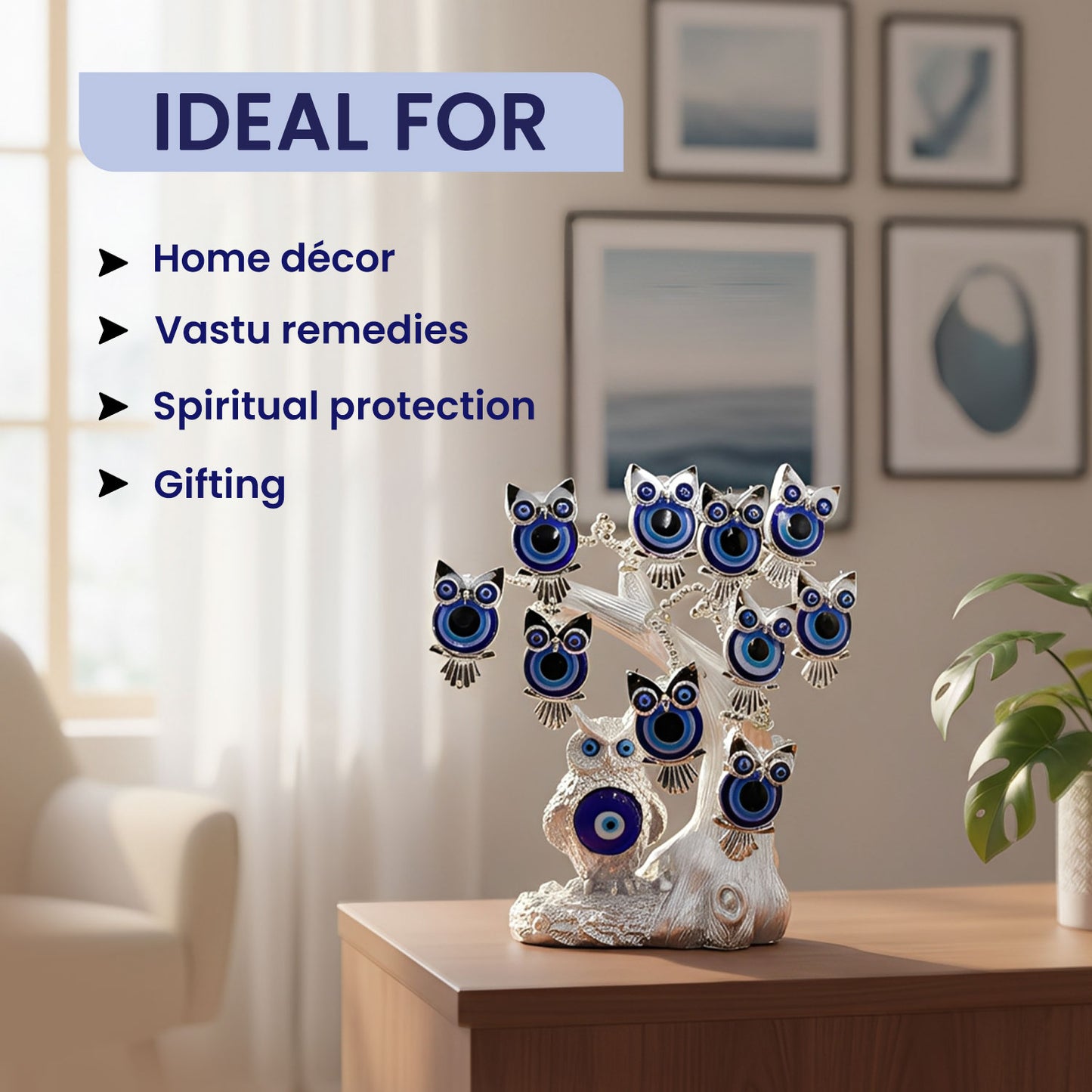 Silver Owl with Child Evil Eye Tree