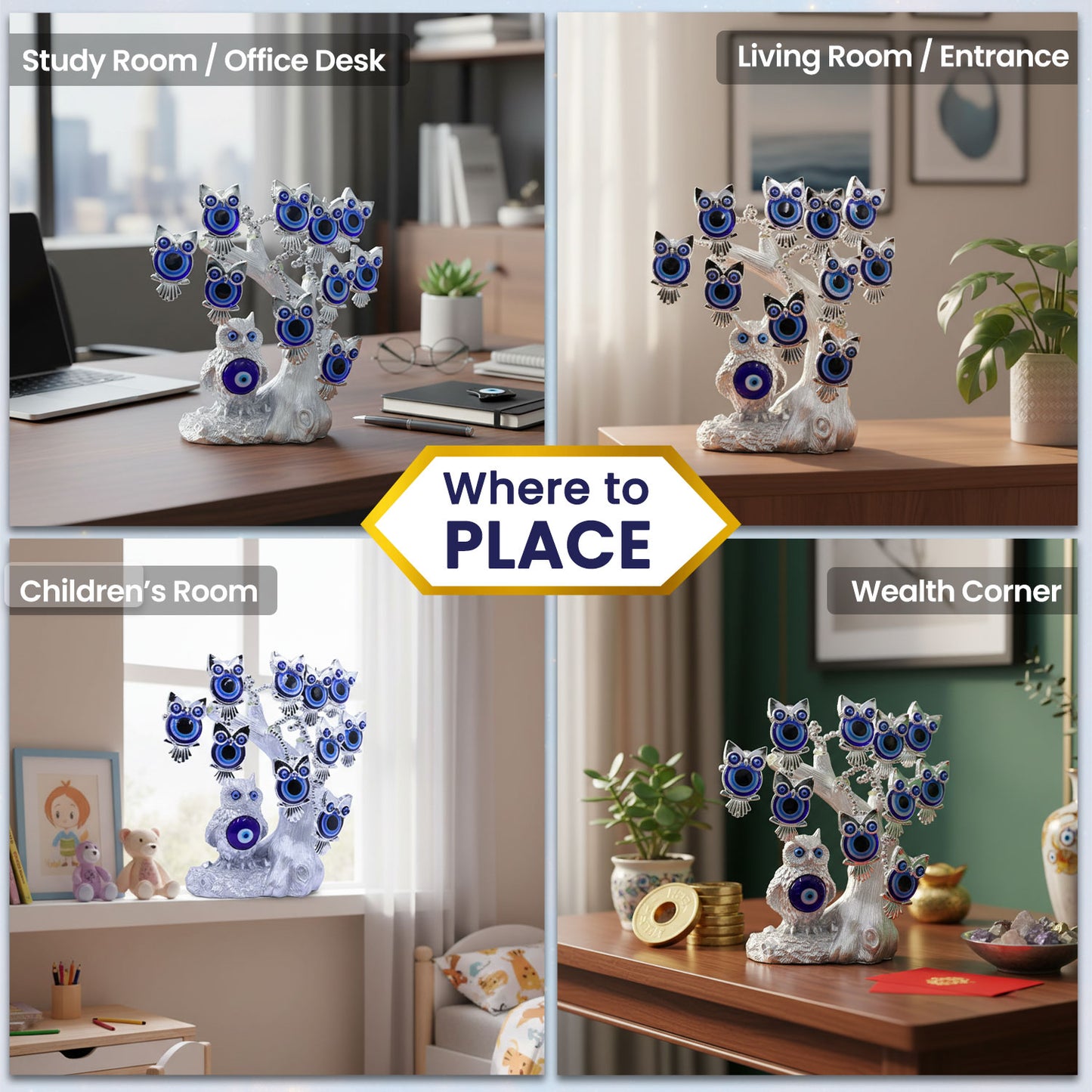 Silver Owl with Child Evil Eye Tree