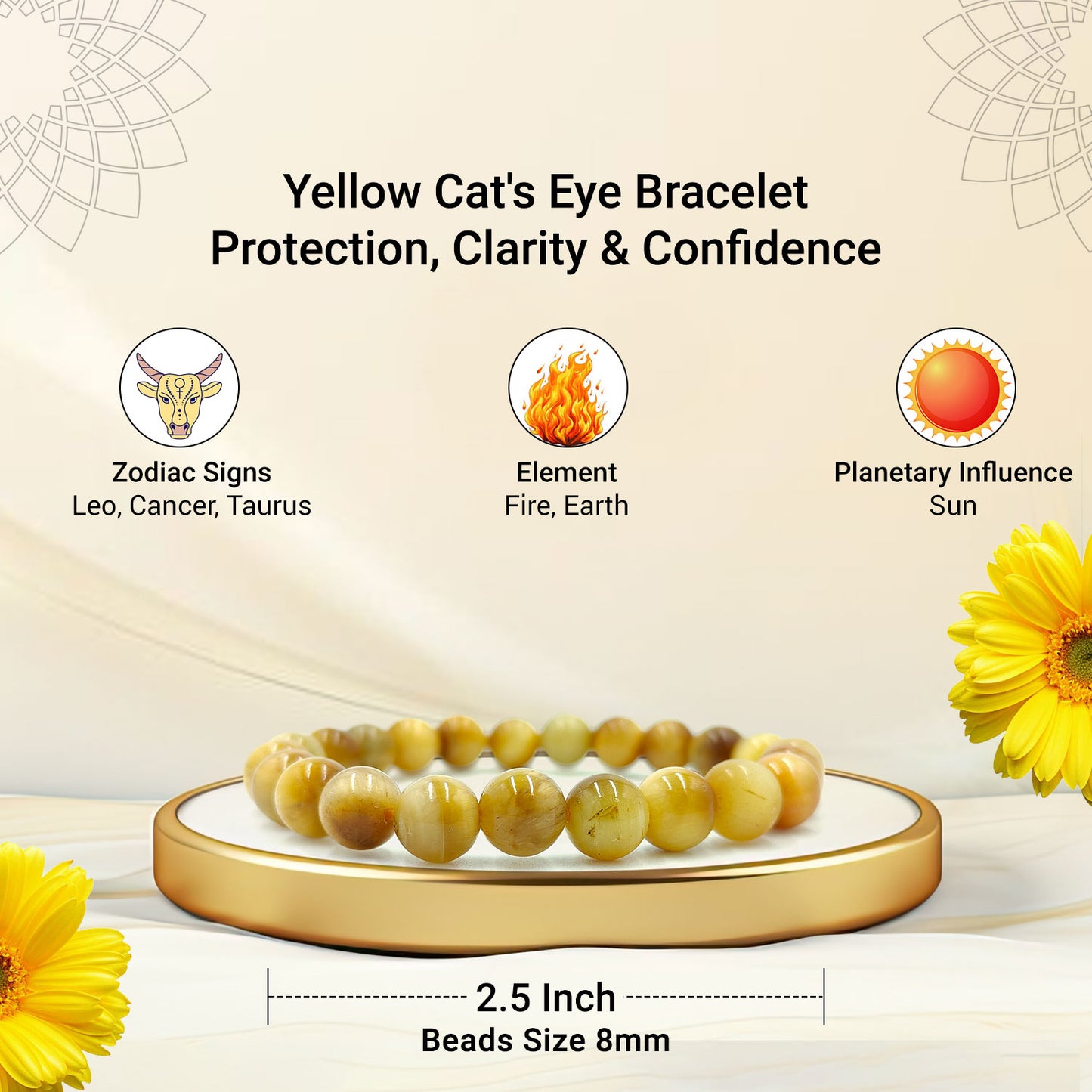 Yellow Cats Eye Bracelet for Bring Wealth & Prosperity-(8mm)