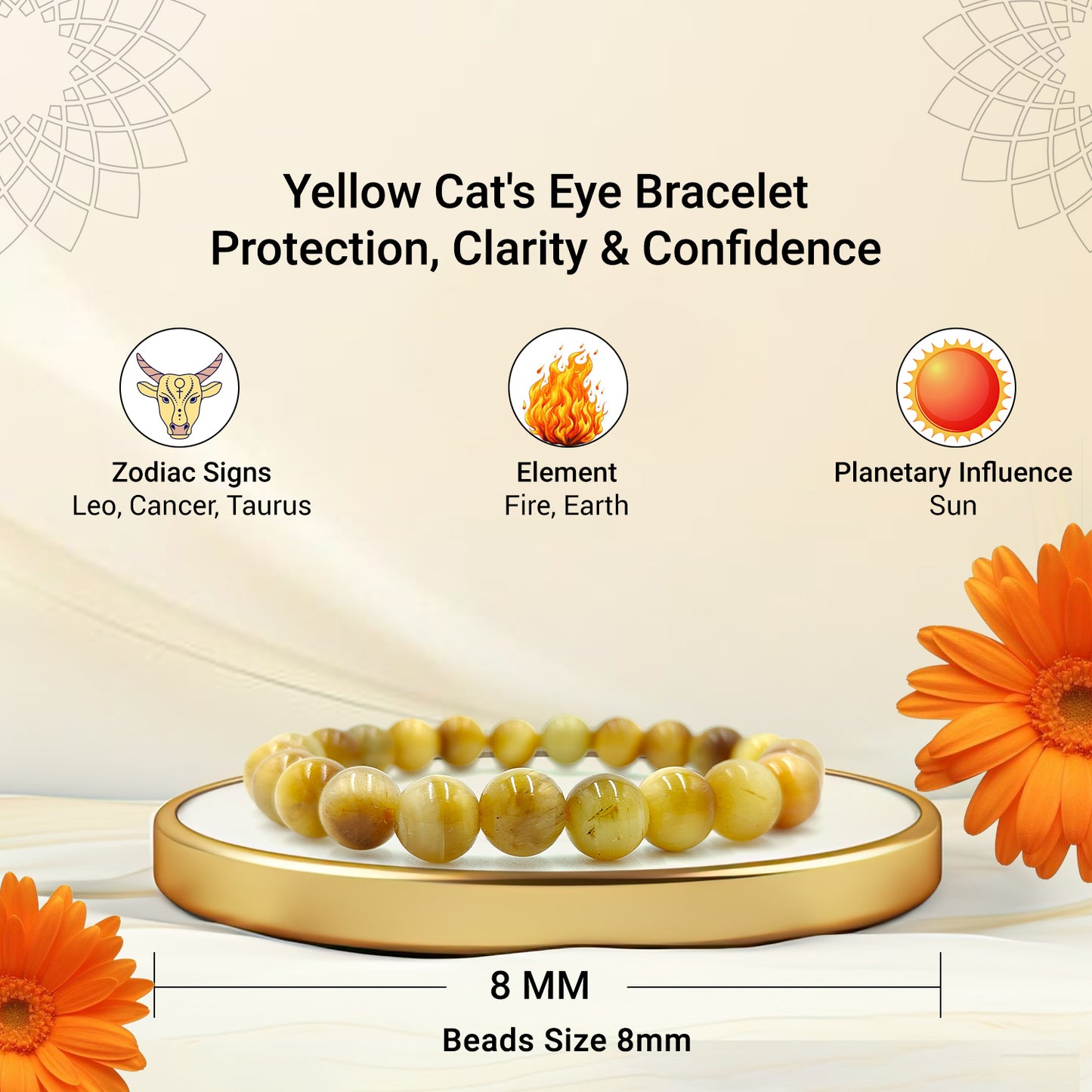 Yellow Cats Eye Bracelet for Bring Wealth & Prosperity-(8mm)