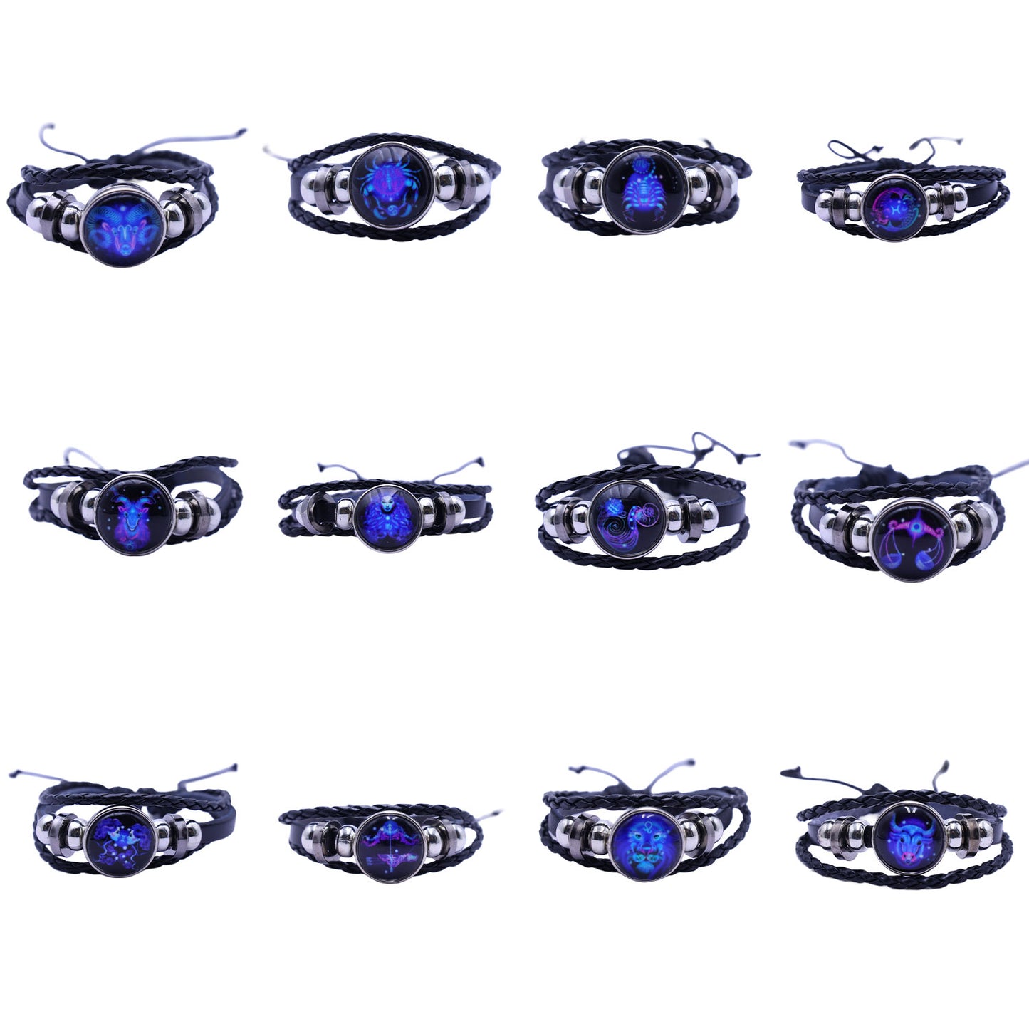 Zodiac Bracelet–Elegant Black Leather Design with 12 Constellation Signs