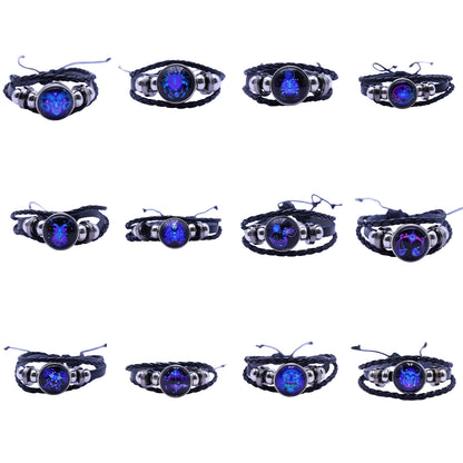 Zodiac Bracelet–Elegant Black Leather Design with 12 Constellation Signs